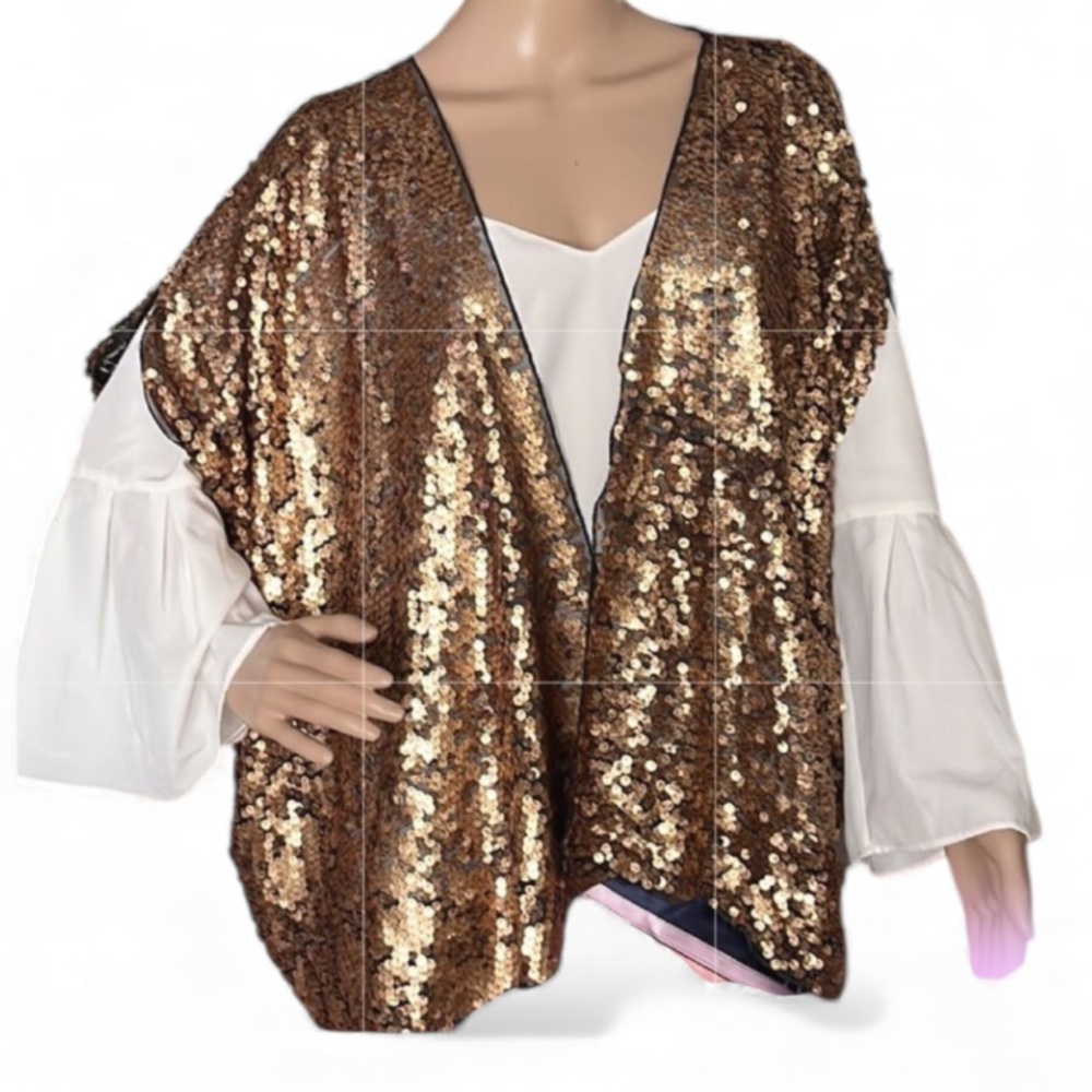 STEVE MADDEN Women's Gold Sequins Black Dolman Open Sleeves Holiday Top Size OS